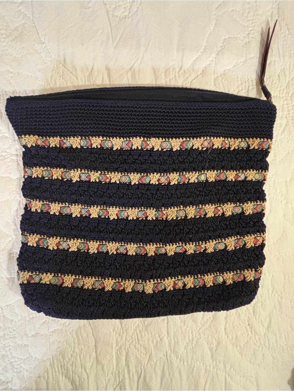 The Sak Navy Crochet Zip Clutch with Multicolor Trim